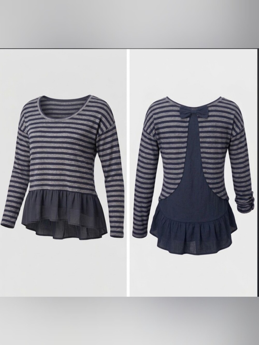 E2M Womens Medium Blue Gray Striped Bow Back Ruffle Hem Long Sleeve Top Blouse